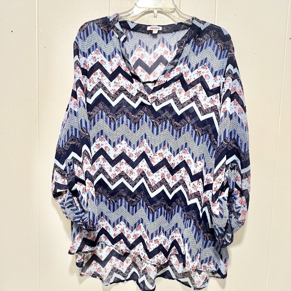 Bongo Plus Women’s Geometric Plus V Neck Sheer Blouse 1X
